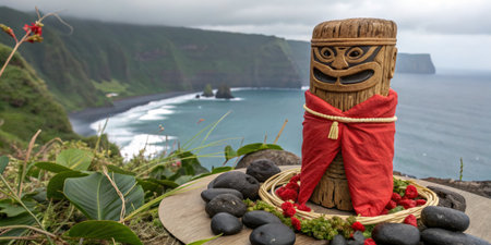A tiki statue dressed in a vibrant red cloth sits on a stone base surrounded by flowers, overlooking a striking coastal view. The scene captures the beauty of nature and cultural artistry.の写真素材