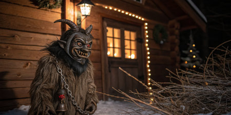 A horned figure in fur stands outside a cozy wooden cabin adorned with holiday lights. Snow blankets the ground, creating a festive yet eerie atmosphere.の写真素材