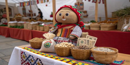 A handcrafted doll dressed in traditional clothing sits proudly amidst bowls of grains and artisan products, highlighting local culture at a lively market setting.の写真素材