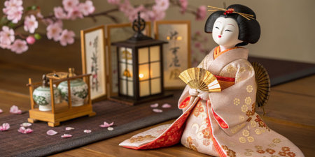 A traditional Japanese doll dressed in an ornate kimono holds a fan while surrounded by cherry blossoms and a decorative lantern, creating a peaceful atmosphere.の写真素材