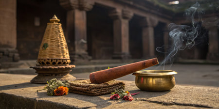 A wooden pestle rests next to a brass bowl, surrounded by flowers and a woven mat. Incense smoke wafts gently in the air, with ancient architecture visible in the background.の写真素材