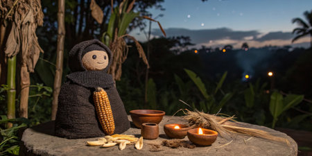 A handmade doll dressed in dark fabric sits on a stone altar adorned with corn, candlelit clay vessels, and grains, set against a vibrant twilight backdrop.の写真素材