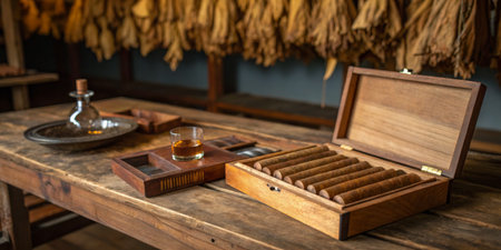 A wooden table showcases a box filled with cigars, a glass of whiskey, and an ashtray. Dried tobacco leaves hang in the background, creating a cozy, rustic atmosphere.の写真素材