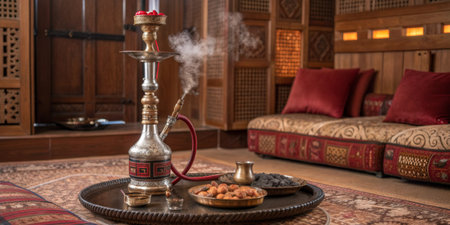 A beautifully arranged hookah sits on a tray beside an assortment of snacks, all set in a warm and inviting indoor lounge adorned with intricate decor.の写真素材