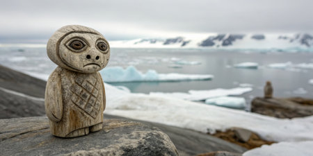 A unique wooden sculpture stands on a rocky surface, overlooking the chilly, icy waters. Surrounding icebergs and a cloudy sky add to the Arctic atmosphere.の写真素材