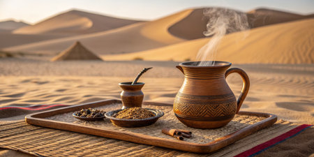 A serene tea ceremony takes place in the vast desert at sunset, featuring a decorative clay pot and various spices arranged on a wooden tray amidst sand dunes.の写真素材