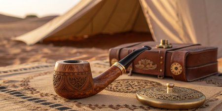 A beautifully crafted wooden pipe rests on an intricately designed mat next to a vintage suitcase at a serene campsite. The sun sets, casting warm hues across the desert landscape.の写真素材