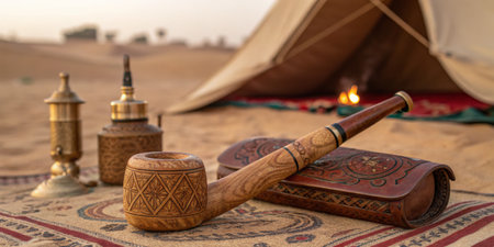 A beautifully crafted wooden pipe rests on an ornate rug near a cozy desert tent. Collectibles and a warm fire create a serene atmosphere at dusk in the sand.の写真素材