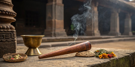 A wooden incense holder releases smoke alongside a brass vessel and various floral offerings in a historic temple courtyard. The serene environment invites contemplation.の写真素材