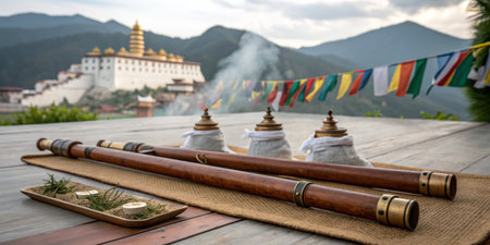 A serene afternoon shows wooden instruments laid out on a table, alongside ritual items, with a majestic temple perched on distant mountains under a cloudy sky.の写真素材