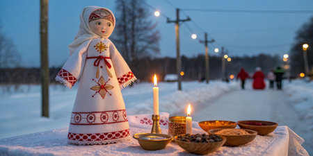 A beautifully crafted doll dressed in traditional attire is placed on a table, surrounded by candles and bowls of spices.の写真素材