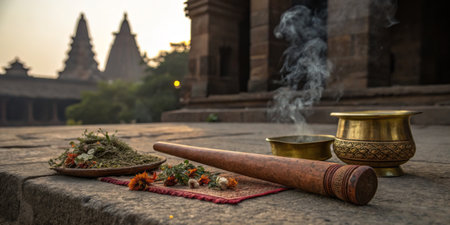 A beautifully arranged ritual space features herbs, incense burning, set against the backdrop of ancient temple architecture at dawn.の写真素材