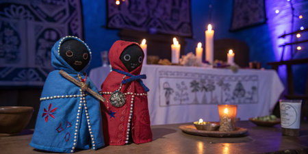 Handmade dolls in blue and red attire stand on a wooden table. The room is softly illuminated by candles, showcasing decorations for a cultural celebration rich in heritage and tradition.の写真素材