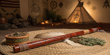 A beautifully crafted Native American flute rests on a textured woven mat. Surrounding the flute are herbs, feathers, and an artisanal pot, all in a warm, inviting ambiance.の写真素材