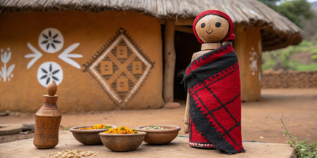 A vibrant handmade doll dressed in traditional attire stands beside bowls of colorful spices in a rural village. The backdrop features earthy walls and local patterns.の写真素材