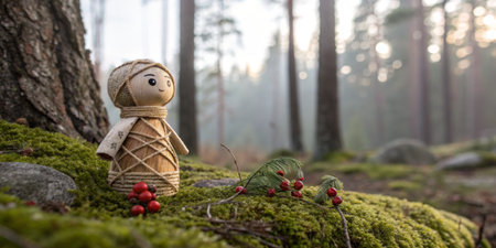 A handcrafted wooden doll stands on vibrant moss near small red berries in a tranquil forest. Soft...