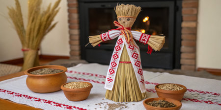 A straw doll stands proudly on a table surrounded by bowls filled with various grains. The warm indoor setting is complemented by a fireplace in the background, adding to the festive atmosphere.の写真素材