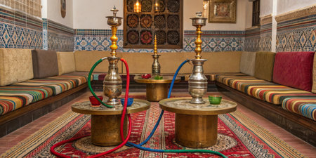 Three ornate hookahs sit on low tables in a cozy lounge with patterned cushions and rugs. Bright...