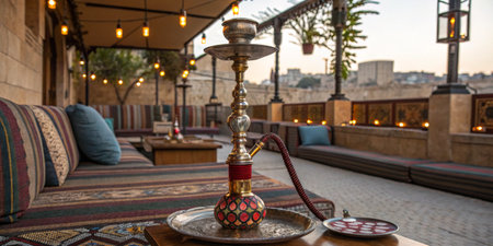 A cozy lounge features a hookah on a low table, surrounded by comfortable seating. The setting offers beautiful views of the city at sunset, creating a serene atmosphere.の写真素材