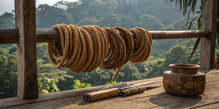 Rope coils hang neatly on a wooden railing, while a carved clay pot and a wooden tool lie on a table. The lush landscape in the background glows in the afternoon light, creating a peaceful ambiance.の写真素材