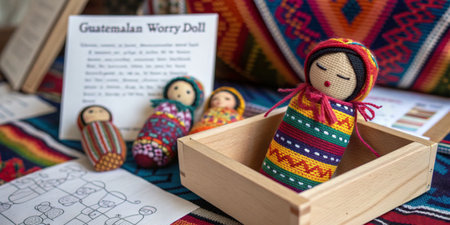 Colorful Guatemalan worry dolls rest in a wooden box surrounded by vibrant textiles. An information card describes their cultural significance and use, showcasing traditional artistry.の写真素材