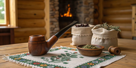 A beautifully crafted wooden smoking pipe rests on a decorative cloth in a cabin setting. Nearby, bags of herbs and a bowl of dried leaves are arranged beside a crackling fire.の写真素材