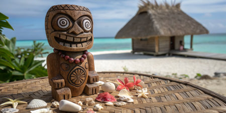 A detailed wooden tiki statue sits among seashells and flowers on a woven mat, with a beach hut and serene ocean view in the background under a bright blue sky.の写真素材