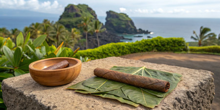 A hand-rolled cigar rests on a large green leaf, with a wooden bowl nearby. The backdrop features impressive rocky islets and the calm ocean under a clear sky on a sunny day.の写真素材
