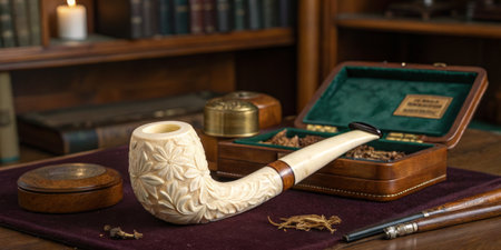 Detail of a beautifully carved smoking pipe resting on a dark velvet surface, alongside a wooden box filled with loose tobacco in a vintage study room. Books line the shelves in the background.の写真素材