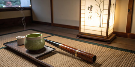 In a serene traditional room, a carefully arranged tea ceremony features a green bowl, wooden utensil, and delicate candlelight illuminating the artwork nearby.の写真素材