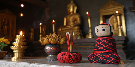 A vibrant altar within a tranquil temple displays colorful offerings like incense sticks and decorative figures. Soft candlelight enhances the peaceful ambiance.の写真素材