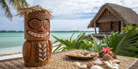 A carved wooden tiki statue stands in a tropical beach environment, surrounded by seashells and vibrant leaves. A thatched hut overlooks the turquoise water, creating a peaceful atmosphere.の写真素材