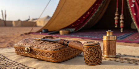 Traditional tobacco accessories rest on a decorative surface in a desert tent, showcasing detailed craftsmanship. The warm hues of sunset illuminate the scene, highlighting cultural heritage.の写真素材