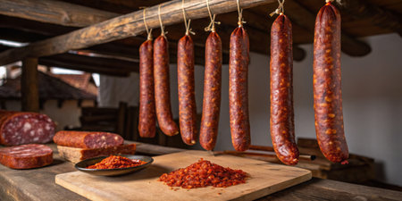 Cured sausages are suspended from a wooden beam at a marketplace. Nearby, slices of sausage and a bowl of spices are arranged on a wooden table, showcasing traditional food preparation.の写真素材