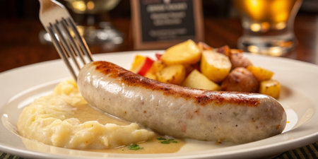 A hearty dish featuring a grilled sausage, creamy mashed potatoes drizzled with sauce, and roasted potatoes on a plate in a welcoming restaurant setting.の写真素材