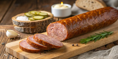 Sliced smoked sausage is arranged on a wooden cutting board alongside pickles, garlic, and herbs. A candle softly illuminates the rustic atmosphere, enhancing the culinary appeal.の写真素材