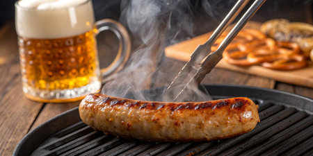 A freshly grilled sausage sizzles on a hot grill while steam rises. Nearby, a mug of beer and pretzels add a festive touch to the rustic dining experience.の写真素材