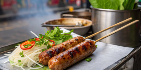 Two juicy grilled sausages are placed on a metal tray alongside fresh greens and vegetables. The bustling street food market brings a lively atmosphere, with smoke rising in the background.の写真素材