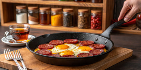A hearty breakfast showcases sizzling eggs and chorizo in a cast iron skillet, paired with a cup of tea, set against a rustic wooden background.の写真素材