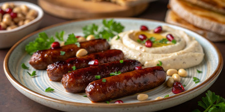 Grilled sausages are arranged beautifully on a plate alongside creamy hummus. The dish is garnished with fresh herbs, pomegranate seeds, and roasted pine nuts for added flavor and texture.の写真素材