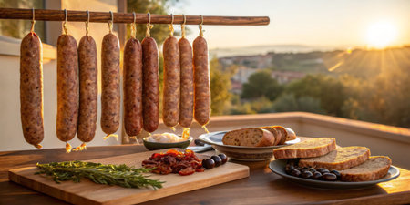 A collection of homemade sausages hangs on a wooden rack in golden sunlight, accompanied by slices of bread, olives, and a plate of dried tomatoes, set in a serene outdoor location.の写真素材