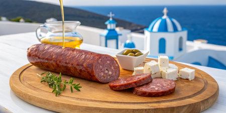 A wooden board showcases slices of cured sausage alongside cubes of cheese and olives.の写真素材
