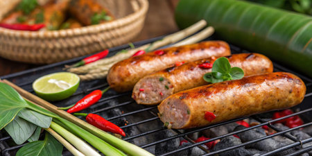 Sausages are sizzling over an outdoor grill, surrounded by fresh herbs, lime, and chili peppers, creating a vibrant atmosphere for a summer gathering.の写真素材