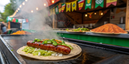 Delicious sausage is sizzling on the grill, being placed on a warm tortilla with fresh toppings at an outdoor food festival filled with vibrant banners and flavors.の写真素材