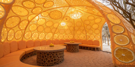 This cozy lounge features vibrant lemon decor, inviting seating arrangements, and warm lighting,...
