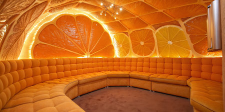 This vibrant lounge showcases a unique orange-themed design, featuring plush seating arranged in a...