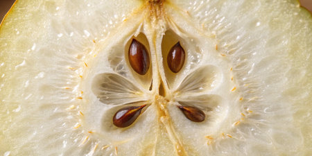 A close view captures the inner details of a pear. The seeds are visible in the center, surrounded...