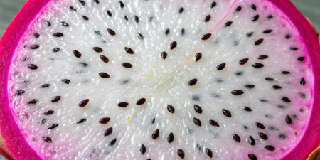 A freshly cut dragon fruit reveals its striking pink exterior and unique white interior filled with...