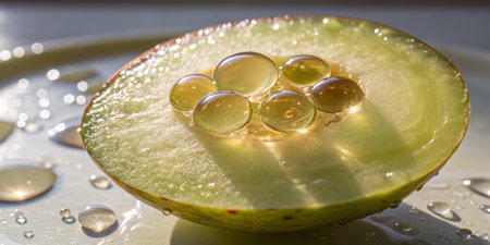 A freshly cut green apple half displays its juicy interior, adorned with spherical droplets that...