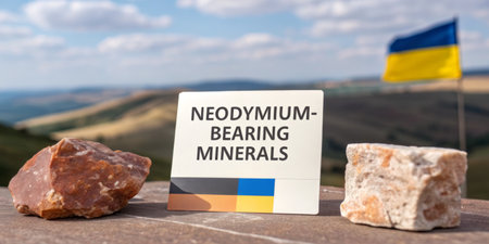 Neodymium-bearing minerals rest on a stone surface under a bright sky, set against rolling hills in the background.の写真素材
